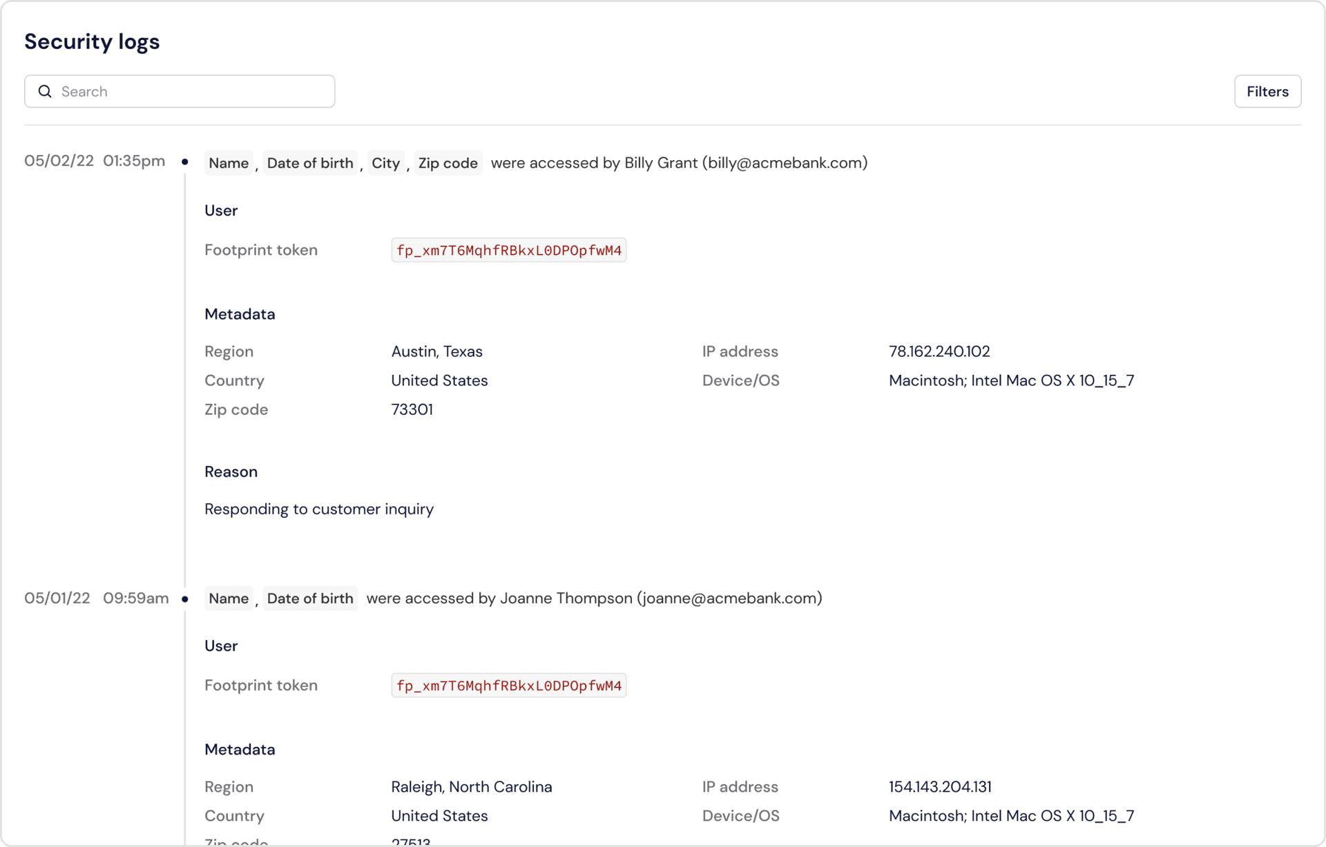 Image showing security logs in the product